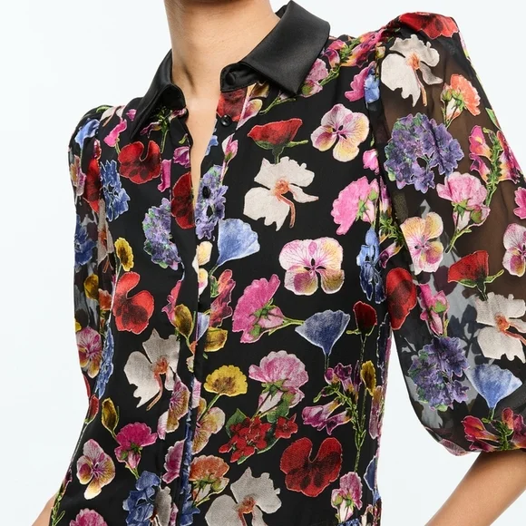 Alice + Olivia Multicolor Floral Long Sleeve BERTHA MINI SHIRT DRESS